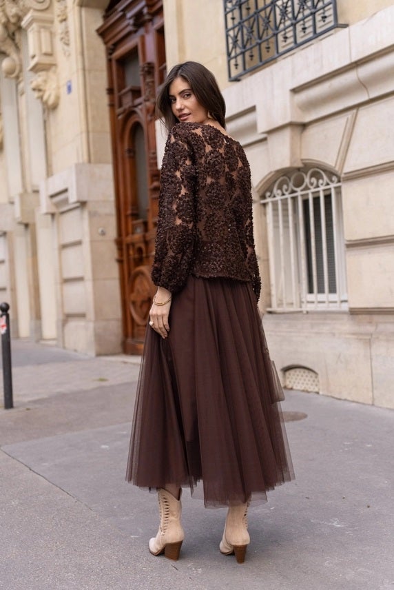 Tiered tulle Skirt+JK ブラウン　Lサイズ Tiered tulle Skirt+JK（ドレス）｜et.UNiVER（エトユニベール）の
