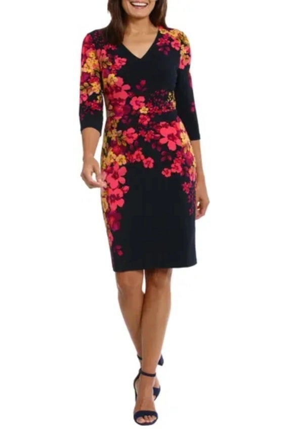 Floral Print 3 4 Sleeve Sheath Dress Navy Coral
